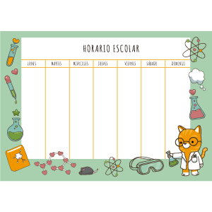 horario escolar gato científico planning semanal gato ciéntifico color verde con consejos para cuidar de tu gato después de las vacaciones de verano